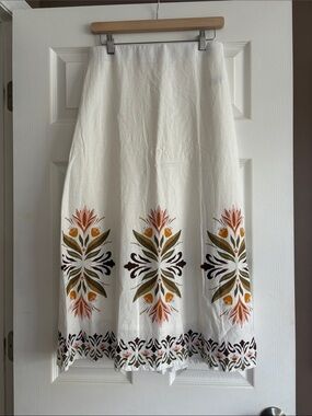 Rachel Zoe White A-Line Midi Skirt with Pink, Olive and Mustard Floral Border